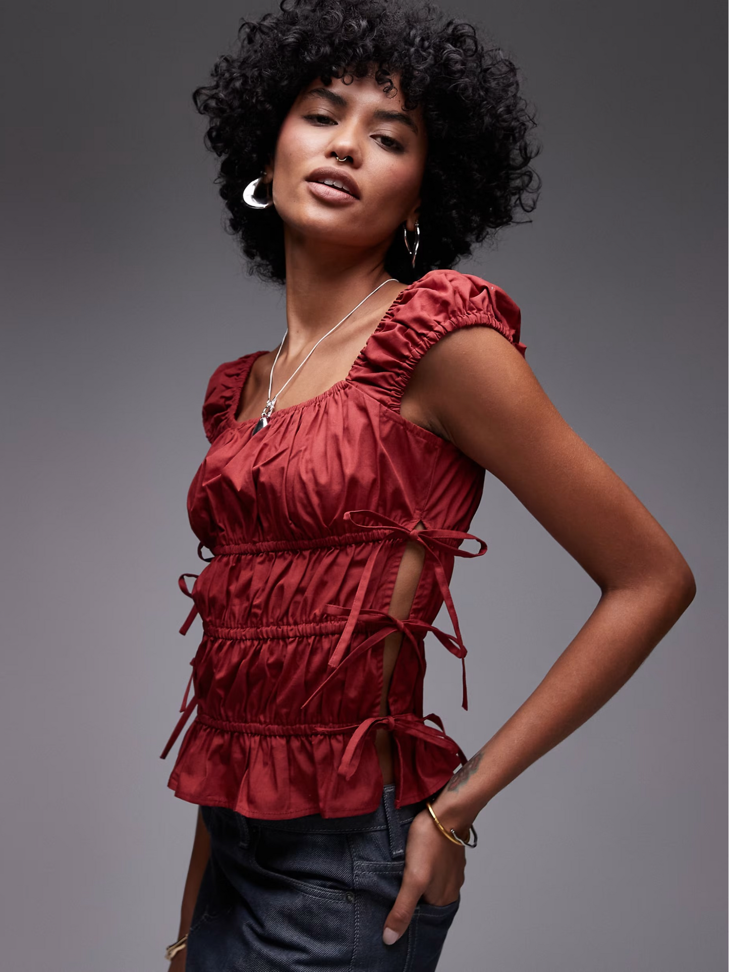 Ruched Tiered Tie Side Top